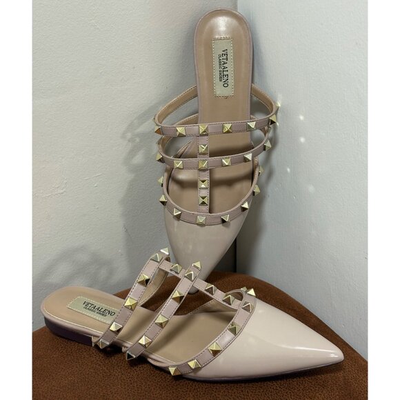 VETAALENO STUDDED PUMPS FLATS EU 38 US 7 BEIGE GOLD GLADIATOR PARTY CASUAL - Picture 1 of 8